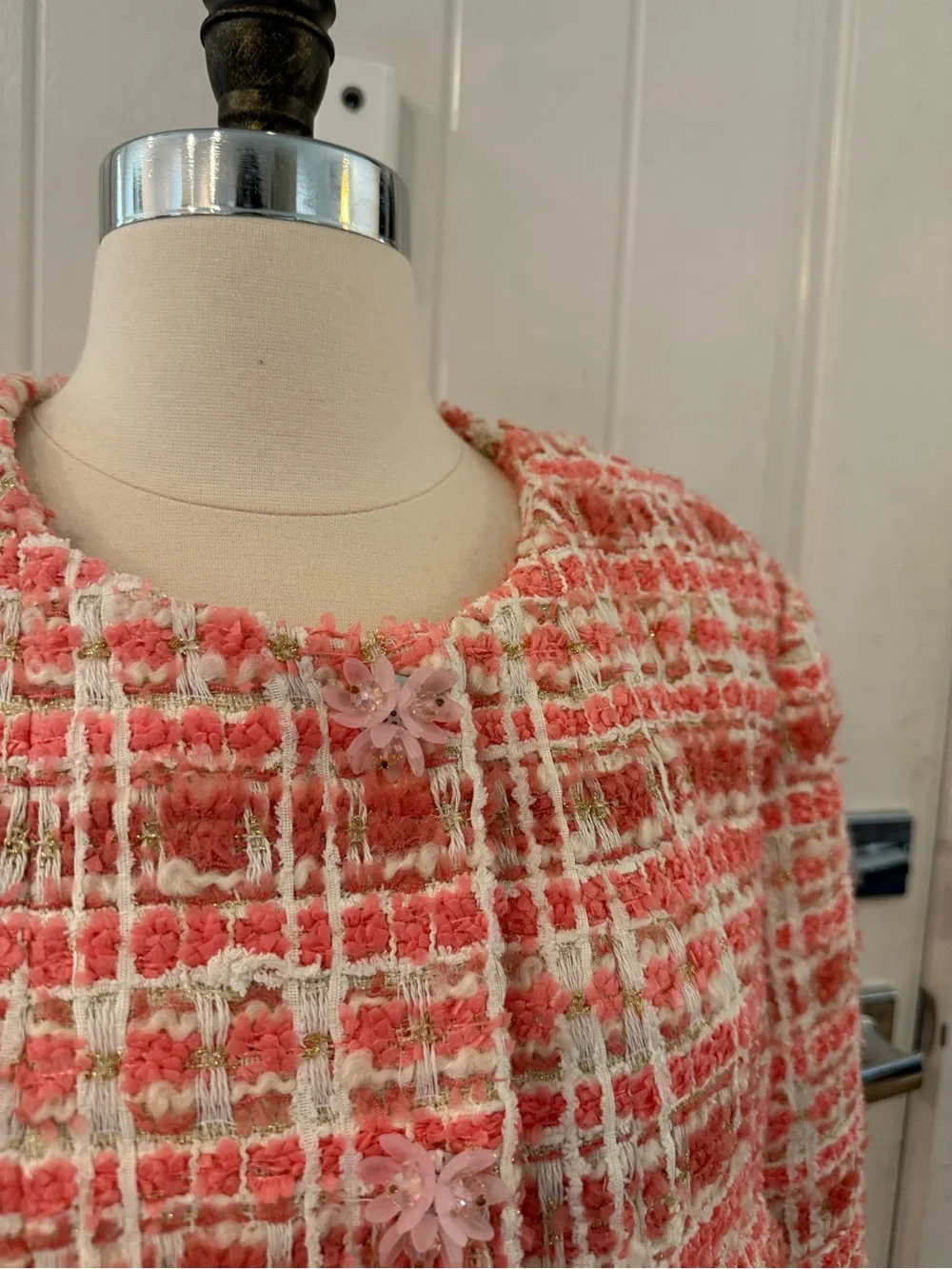 Marie Elie Paris Pink Tweed Jacket Classic Bouclé floral snaps size 40